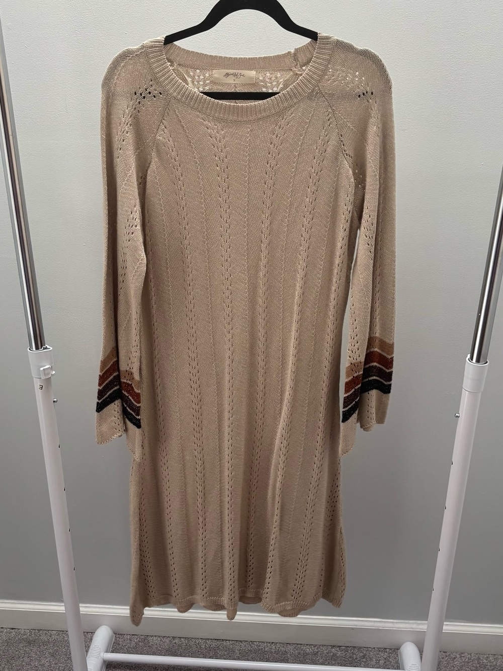 A' Beautiful Soul Beige Metallic Knit Sweater Dress with Stripe Cuffs